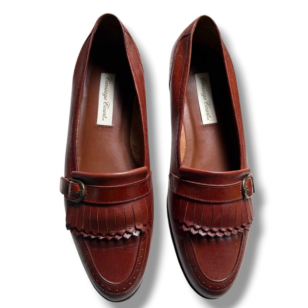 Carriage Court Womens Cognac Brown Leather Kiltie Loafers Brogue Buckle Shoes - Picture 3 of 11